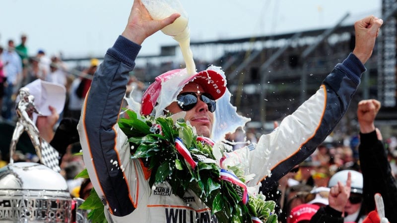 INDIANAPOLIS, IN - MAY 29: Dan Wheldon of England, driver of the #98 William Rast-Curb/Big Machine Dallara Honda, celebrates in victory lane after winning the IZOD IndyCar Series Indianapolis 500 Mile Race at Indianapolis Motor Speedway on May 29, 2011 in Indianapolis, Indiana. (Photo by Robert Laberge/Getty Images)