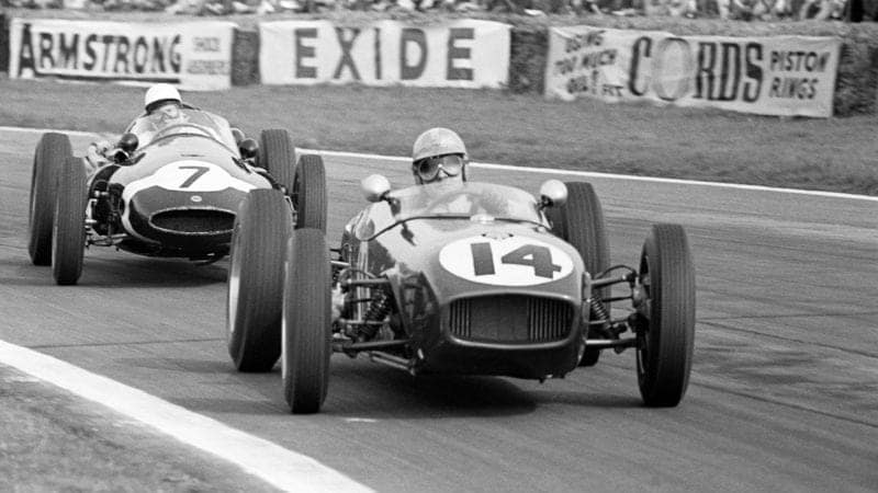 Innes Ireland leads Stirling Moss in the 1960 Goodwood Easter Monday meeting