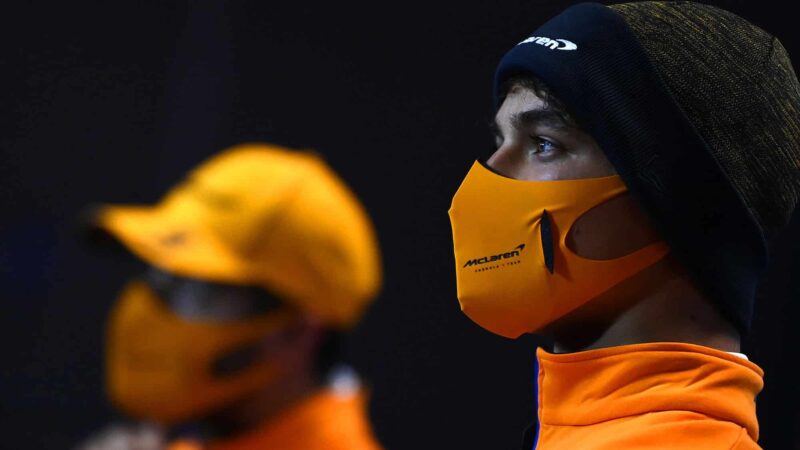 McLaren's Australian driver Daniel Ricciardo and McLaren's British driver Lando Norris (R) attend the official press conference of the Portuguese Formula One Grand Prix at the Algarve International Circuit in Portimao on April 29, 2021. (Photo by Gabriel BOUYS / POOL / AFP) (Photo by GABRIEL BOUYS/POOL/AFP via Getty Images)