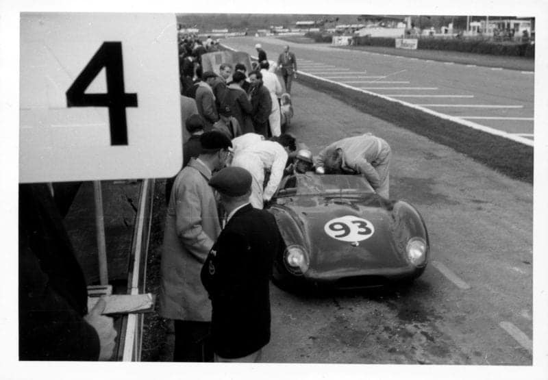 Lola Climax of MW Keens in the pits at Goodwood 1960