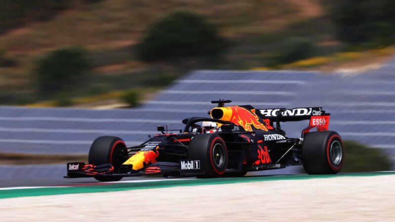 PORTIMAO, PORTUGAL - MAY 01: Max Verstappen of the Netherlands driving the (33) Red Bull Racing RB16B Honda on track during final practice for the F1 Grand Prix of Portugal at Autodromo Internacional Do Algarve on May 01, 2021 in Portimao, Portugal. (Photo by Lars Baron/Getty Images)