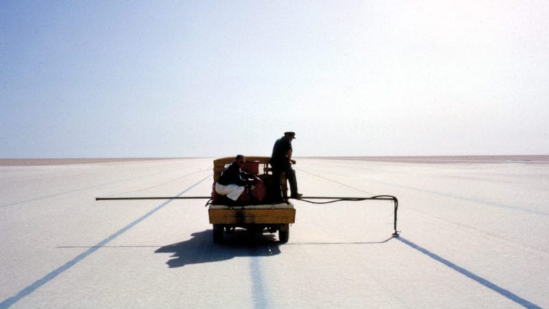 Painting guidelines on Lake Eyrie for Donald Campbell and the Bluebird land speed record car