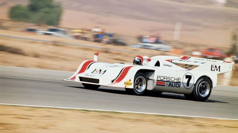 UNITED STATES - NOVEMBER 02: 1972 Times Grand Prix - Riverside - Can-Am. Race winner George Follmer of Penske Racing driving his L&M Porsche-Audi. (Photo by John Lamm/The Enthusiast Network via Getty Images/Getty Images)