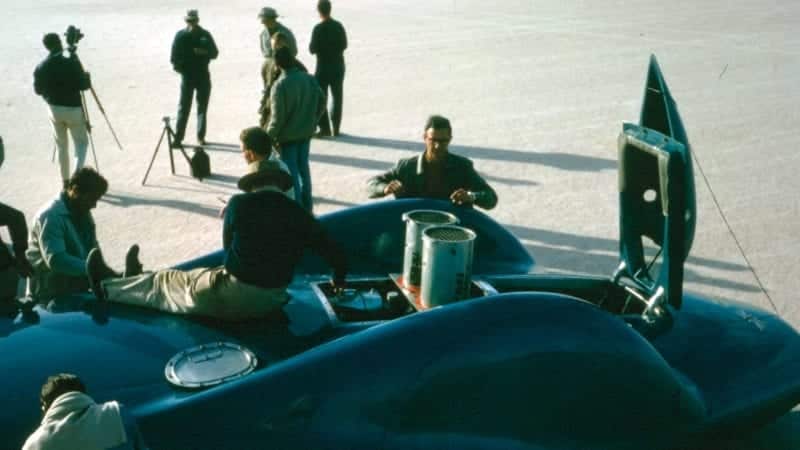 Working on Donald Campbell Bluebird ahead of its Lake Eyre land speed record run