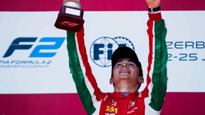 charles leclerc celebrates a 2017 f2 win in baku