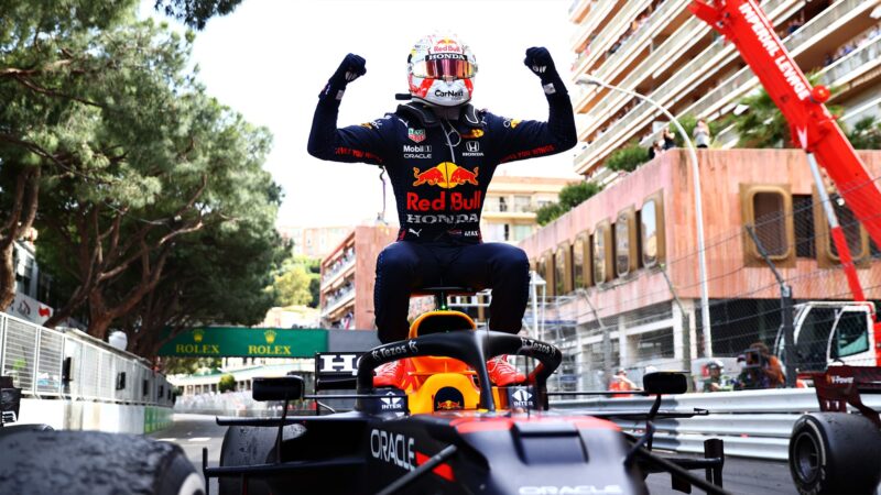 max verstappen celebrates winning the 2021 monaco gp