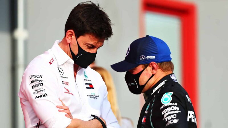 IMOLA, ITALY - NOVEMBER 01: Second placed Valtteri Bottas of Finland and Mercedes GP talks with Mercedes GP Executive Director Toto Wolff in parc ferme during the F1 Grand Prix of Emilia Romagna at Autodromo Enzo e Dino Ferrari on November 01, 2020 in Imola, Italy. (Photo by Dan Istitene - Formula 1/Formula 1 via Getty Images)