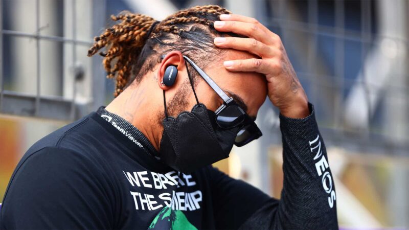 BAKU, AZERBAIJAN - JUNE 06: Lewis Hamilton of Great Britain and Mercedes GP looks on from the grid prior to the F1 Grand Prix of Azerbaijan at Baku City Circuit on June 06, 2021 in Baku, Azerbaijan. (Photo by Dan Istitene - Formula 1/Formula 1 via Getty Images)