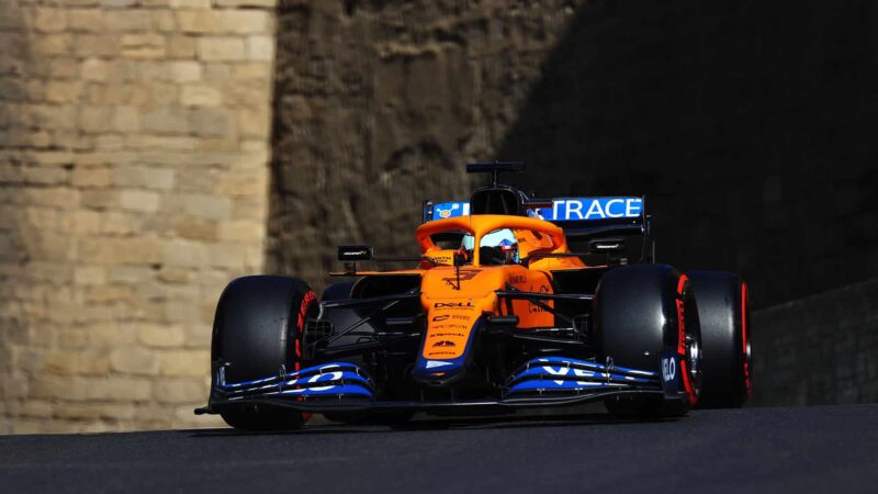 BAKU, AZERBAIJAN - JUNE 05: Daniel Ricciardo of Australia driving the (3) McLaren F1 Team MCL35M Mercedes on track during qualifying ahead of the F1 Grand Prix of Azerbaijan at Baku City Circuit on June 05, 2021 in Baku, Azerbaijan. (Photo by Francois Nel/Getty Images)