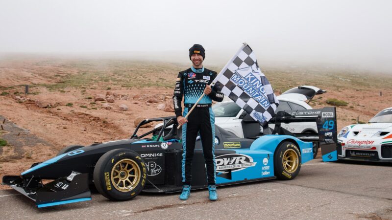 Robin Shute celebrates victory at Pike's Peak in 2021