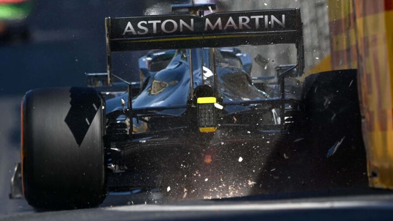 Aston Martin's Canadian driver Lance Stroll crashes during the qualifying session for the Formula One Azerbaijan Grand Prix at the Baku City Circuit in Baku on June 5, 2021. (Photo by OZAN KOSE / AFP) (Photo by OZAN KOSE/AFP via Getty Images)