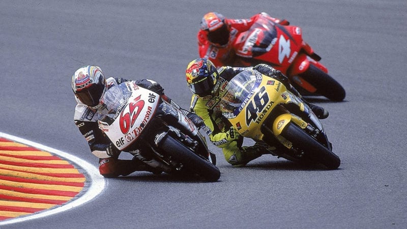 Valentino Rossi at Mugello with Capirossi and Biaggi in 2000