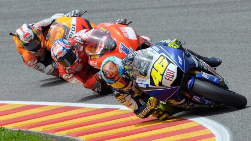 Valentino Rossi leads at the 2008 MotoGP Italian Grand Prix at Mugello