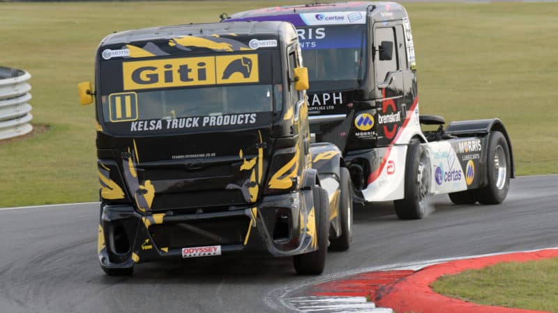 Martin Gibson leads David Jenkins in Snetterton truck race