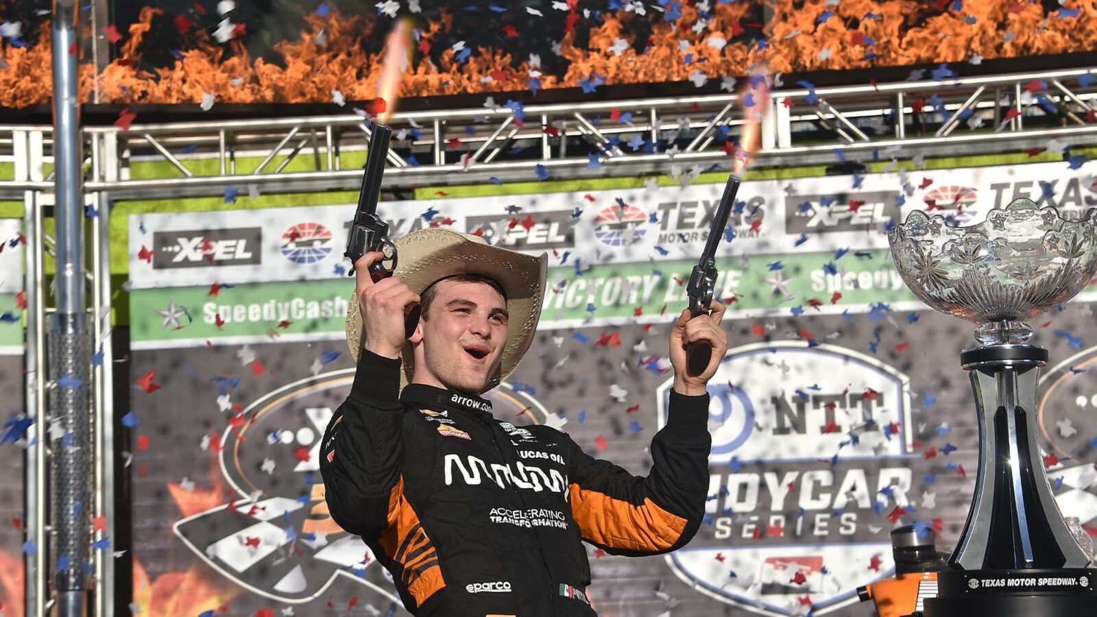 Pato O Ward celebrates IndyCar victory with pistols