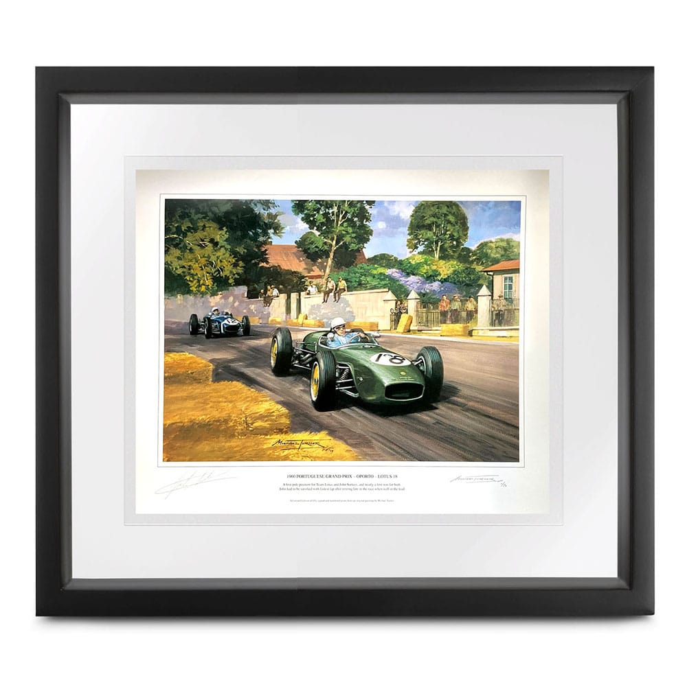 John Surtees signed Lotus 18 print by Michael Turner