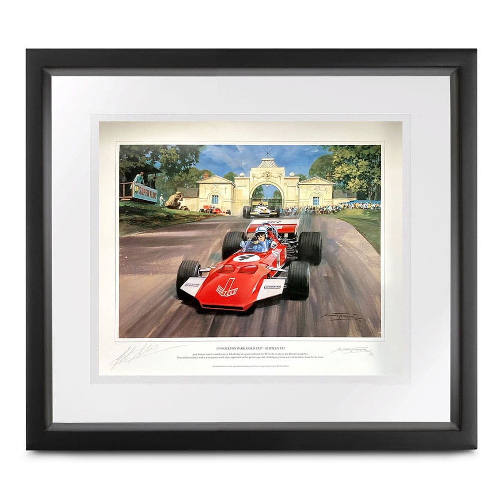 John Surtees signed TS7 Gold Cup print by Michael Turner