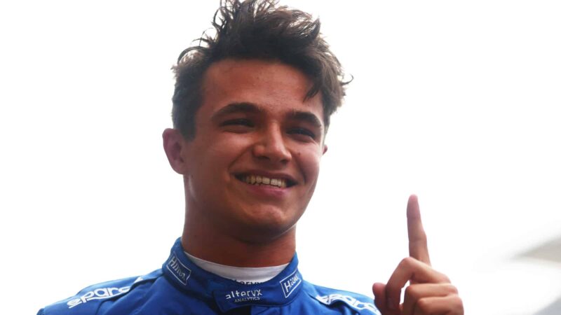 Lando Norris celebrates pole at the 2021 russian gp