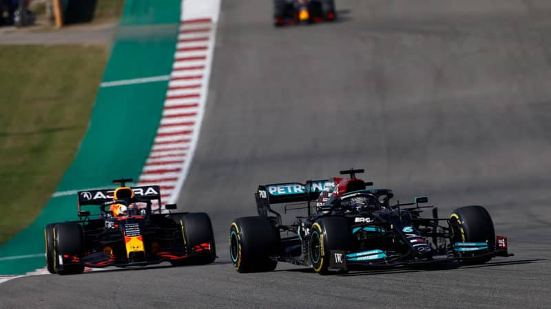 Max Verstappen follows Lewis Hamilton at the 2021 US Grand Prix