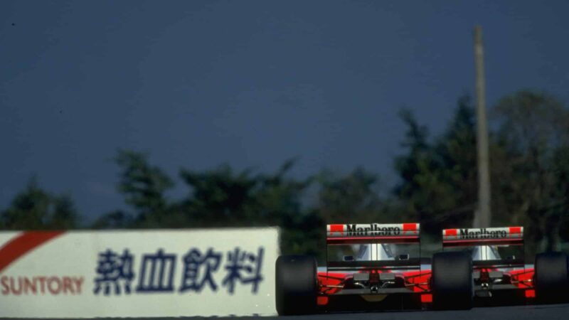 Rear view of Gerhard Berger and Ayrton Senna McLarens