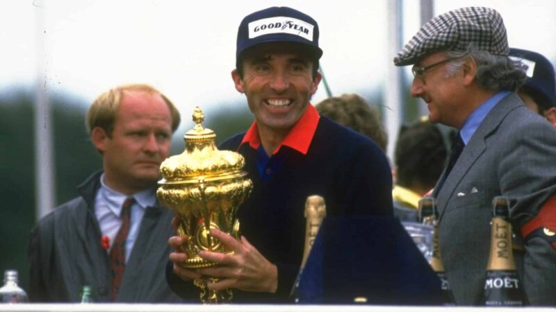 Frank WIlliams with 1985 European Grand Prix trophy at Brands Hatch