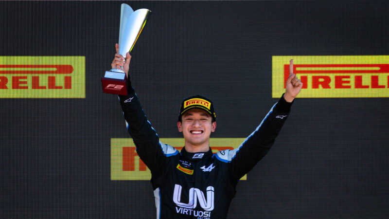 Guanyu Zhou celebrates F2 victory at Silverstone