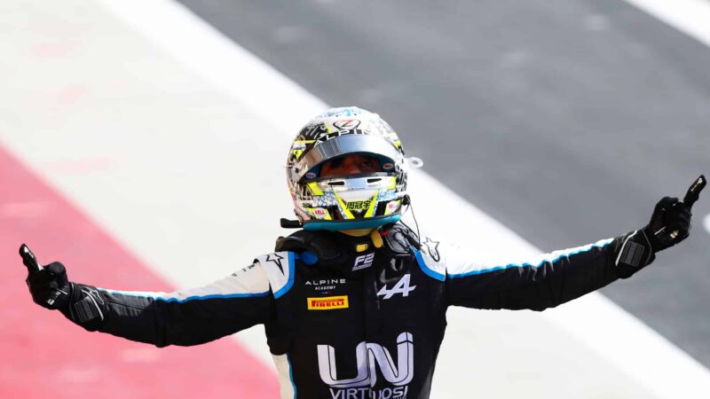 Guanyu Zhou celebrates F2 victory in Bahrain 2021