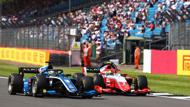 Guanyu Zhou fights with Oscar Piastri at Silverstone F2 race