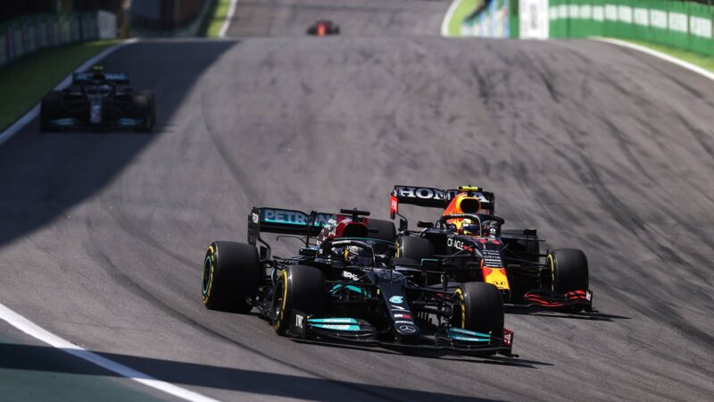 Lewis Hamilton passes Sergio Perez in the 2021 Brazilian Grand Prix