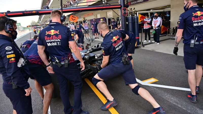 Red Bull's Dutch driver Max Verstappen car is maintained in the pits during the first practice session at Hermanos Rodriguez racetrack in Mexico City, on November 5, 2021, ahead of the Formula One Mexico Grand Prix. (Photo by PEDRO PARDO / AFP) (Photo by PEDRO PARDO/AFP via Getty Images)