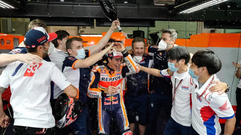 Marc Marquez celebrates winning at the Sachsenring in 2021
