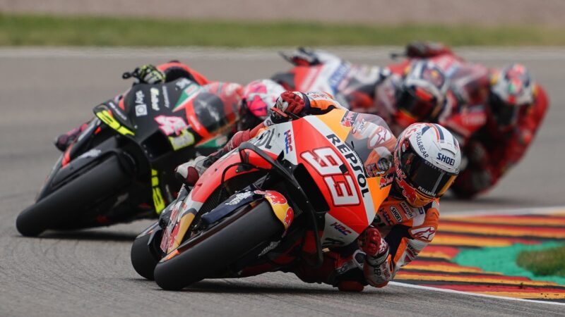 Marc Marquez leans into a corner at Sachsenring