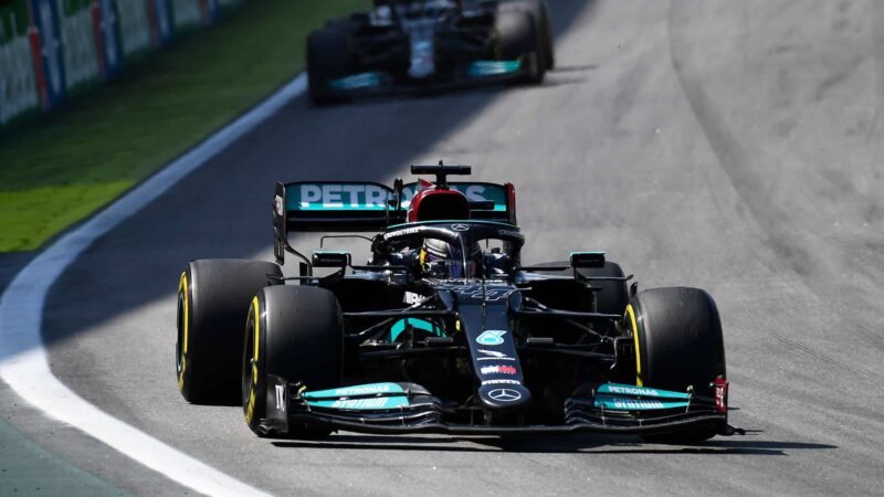 Lewis Hamilton leads Mercedes teammate Valtteri Bottas during the 2021 Brazilian Grand Prix in Interlagos, Sao Paulo. Photo: Grand Prix Photo