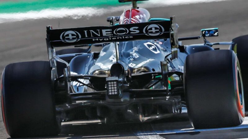 Rear view of Mercedes F1 car cornering