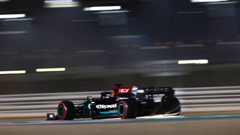 Sparks from Lewis Hamilton's Mercedes in practice for the Qatar Grand Prix