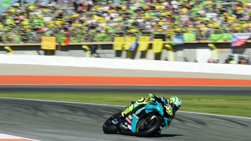 Valentino Rossi in front of fans at his final MotogP race in Valencia 2021