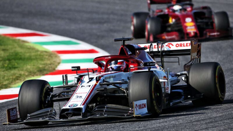 Kimi Raikkonen (Alfa Romeo-Ferrari) in front of Sebastian Vettel (Ferrari) in the 2020 Tuscan Grand Prix in Mugello. Photo: XPB/Grand Prix Photo