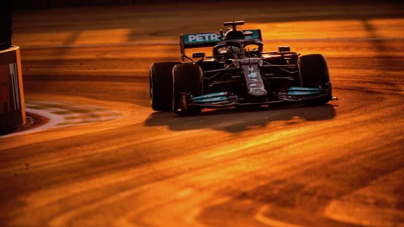 Lewis Hamilton in the golden glow of sunset at the Saudi Arabian Grand Prix