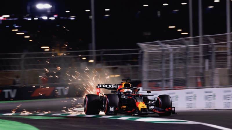 Sparks fly from Red Bull of Max Verstappen in Saudi Arabia Grand Prix qualifying