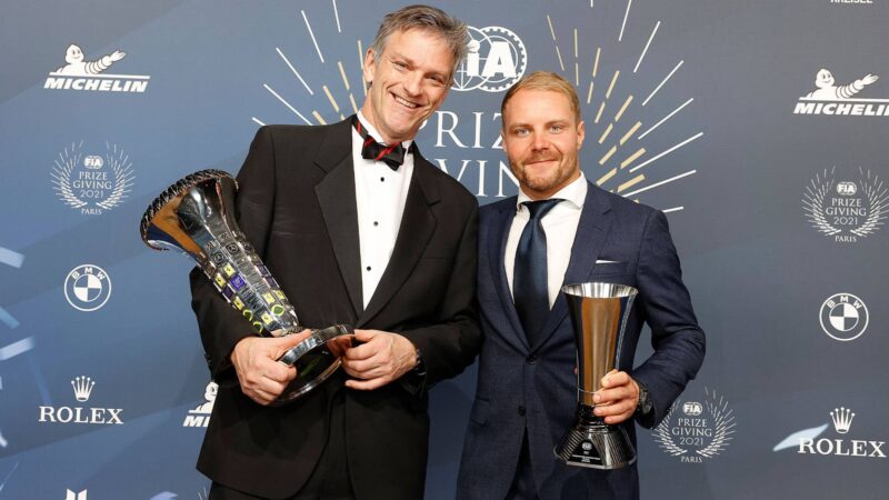 Bottas Valtteri (fin), 3rd of the FIA Formula One World Championship for Drivers, portrait with Allison James (Gbr), representing the Team AMG Mercedes, Winner of the FIA Formula 1 World Championship for Teams, portrait during the 2021 FIA Prize Giving Ceremony, at the Carrousel du Louvre, on December 16 in Paris, France - Photo Frédéric Le Floch / DPPI