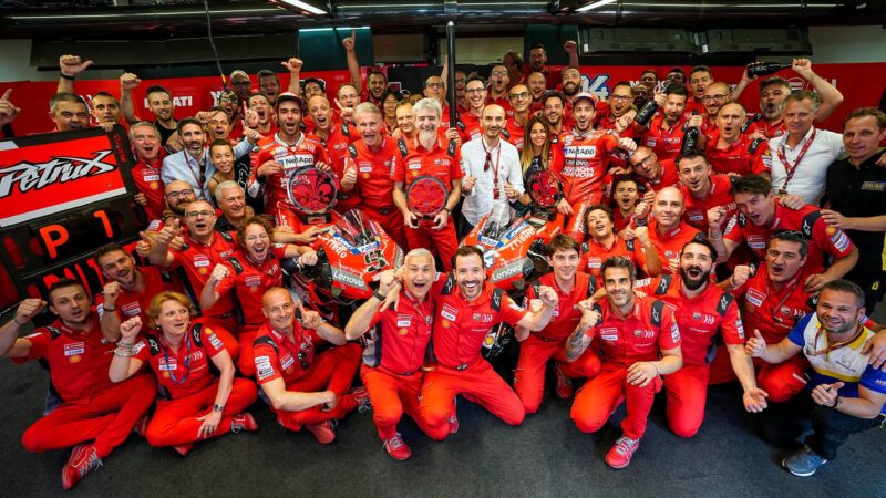 Danilo Petrucci and Andrea Dovizioso celebrate MotoGP podium finishes at Mugello in 2019