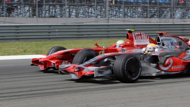 Felipe Massa and Lewis Hamilton battling in the 2008 Turkish Grand prix