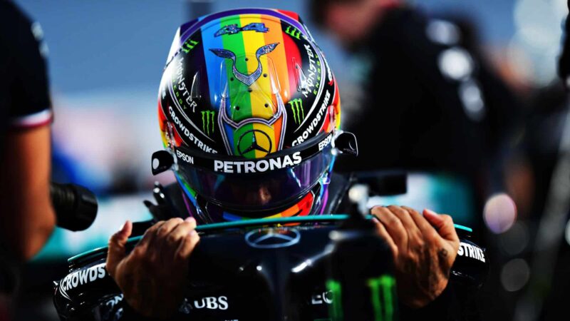 DOHA, QATAR - NOVEMBER 21: Lewis Hamilton of Great Britain and Mercedes GP prepares to drive on the grid prior to the F1 Grand Prix of Qatar at Losail International Circuit on November 21, 2021 in Doha, Qatar. (Photo by Mario Renzi - Formula 1/Formula 1 via Getty Images)