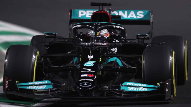 JEDDAH, SAUDI ARABIA - DECEMBER 03: Lewis Hamilton of Great Britain driving the (44) Mercedes AMG Petronas F1 Team Mercedes W12 during practice ahead of the F1 Grand Prix of Saudi Arabia at Jeddah Corniche Circuit on December 03, 2021 in Jeddah, Saudi Arabia. (Photo by Lars Baron/Getty Images)