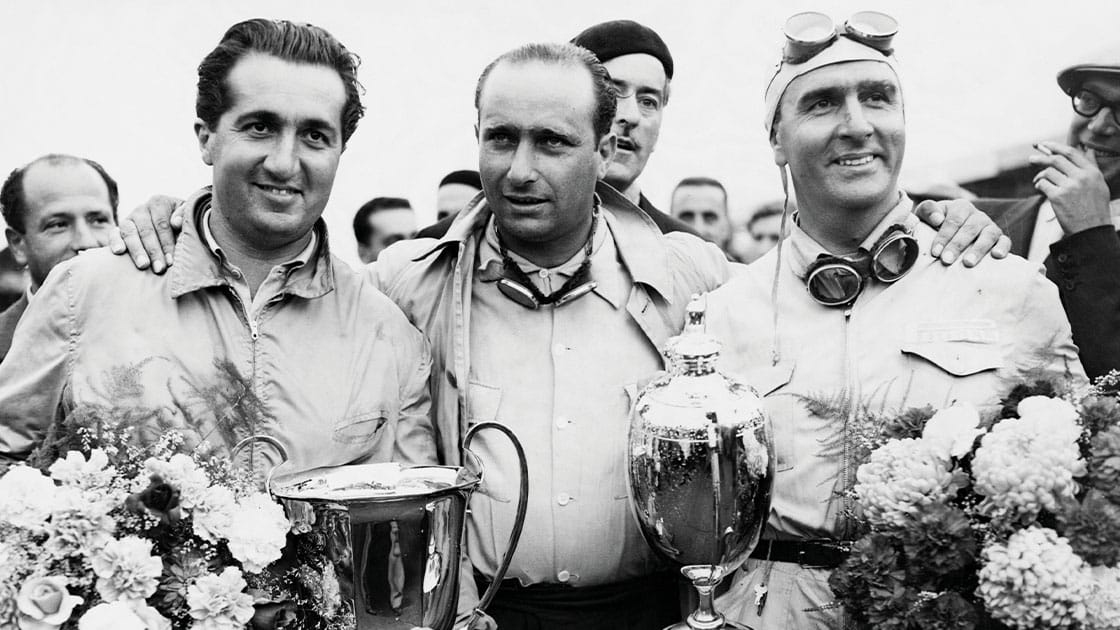 Juan Manuel Fangio, Alberto Ascari y Nino Farina