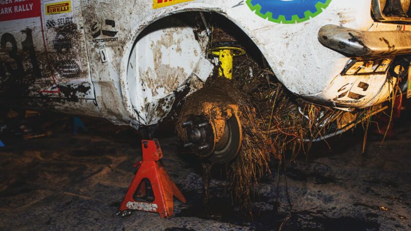 Mud-filled wheelarch of Hillman Avenger on 2021 Roger Albert Clark Rally