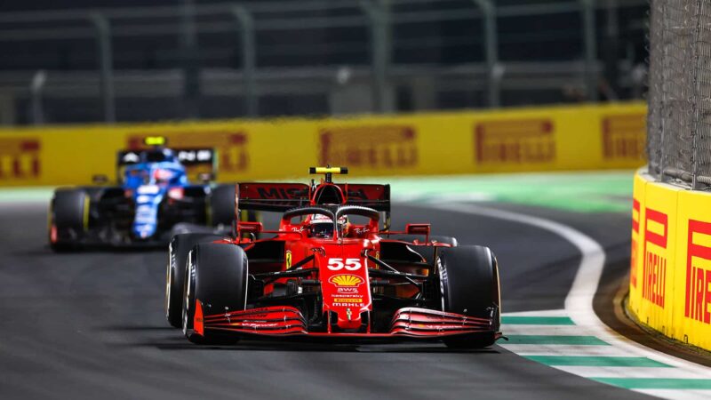 55 SAINZ Carlos (spa), Scuderia Ferrari SF21, action during the Formula 1 stc Saudi Arabian Grand Prix 2021, 21th round of the 2021 FIA Formula One World Championship from December 3 to 5, 2021 on the Jeddah Corniche Circuit, in Jeddah, Saudi Arabia - Photo DPPI