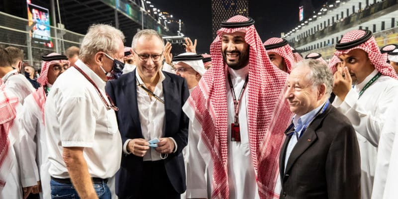 Stefano Domenicali with Mohammed bin Salman Al Saud at 2021 Saudi Arabian GP