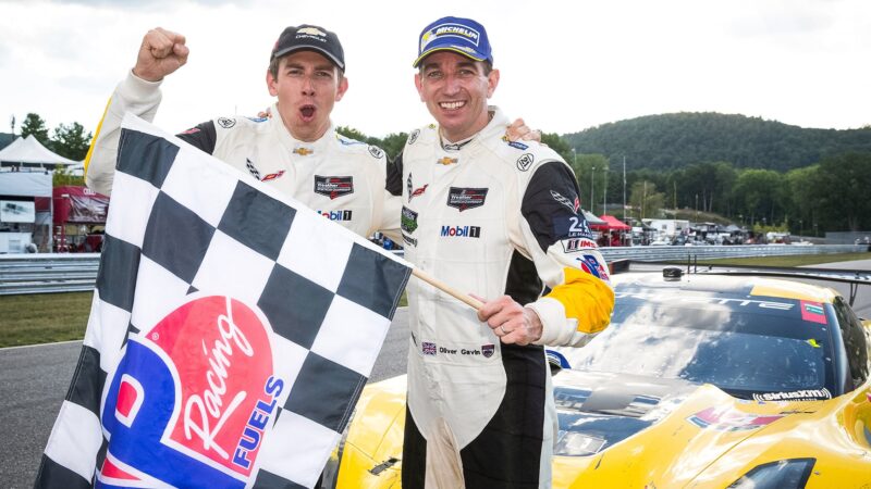 Tommy Milner and Oliver Gavin celebrate GTLM win at Lime Rock in 2016