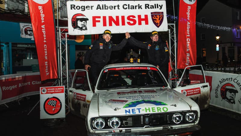 Tony Jardine and Allan Harryman at finish of 2021 Roger Albert Clark Rally